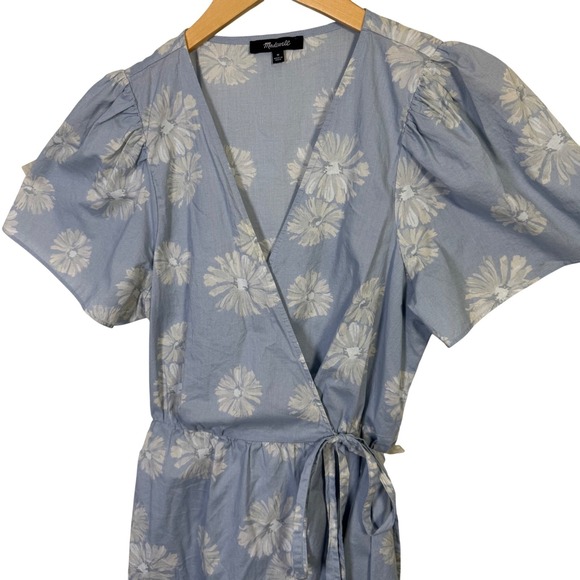 Madewell Womens Dress Medium Floral Wrap Mini Puff Sleeve Blue White Lightweight - Picture 3 of 7